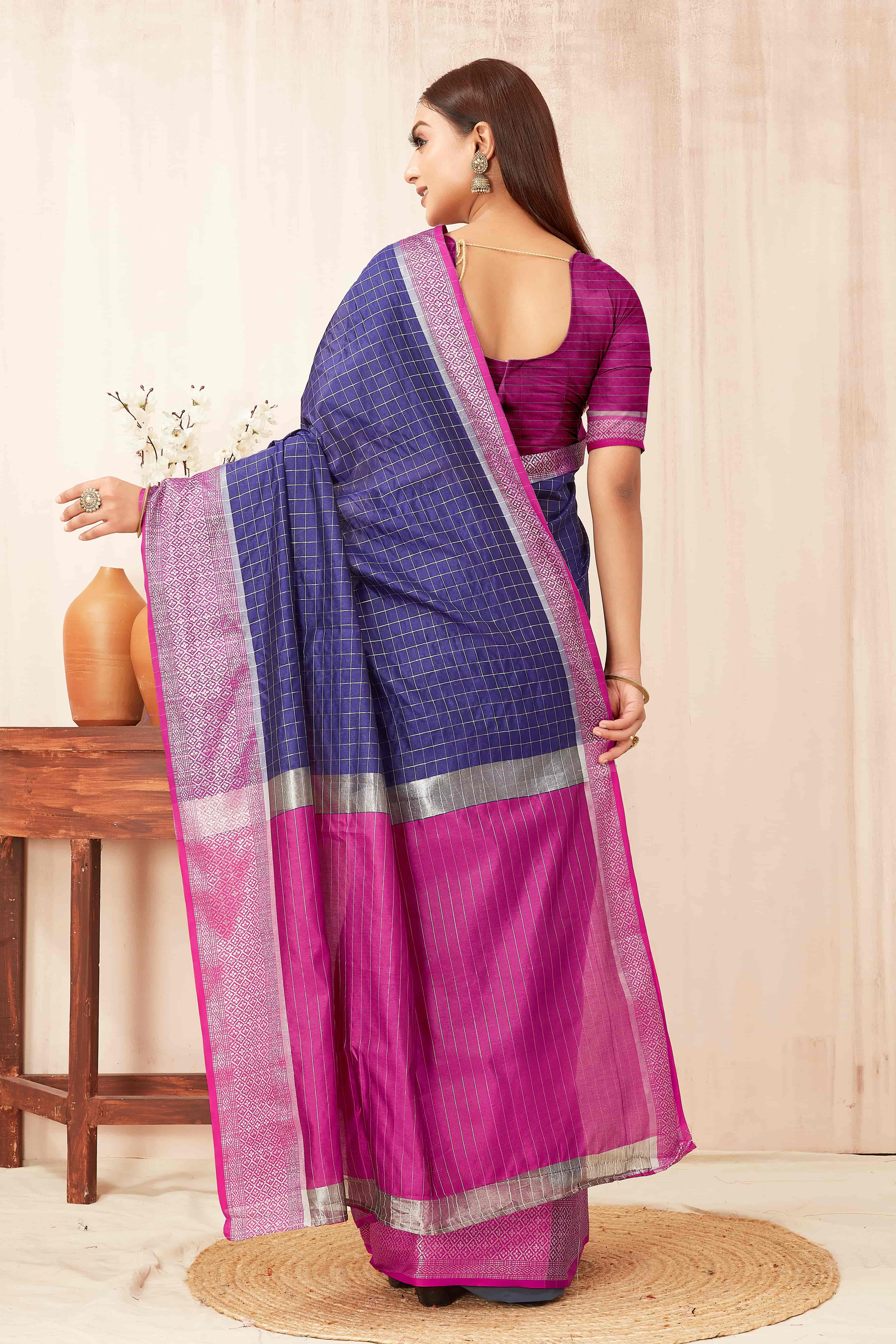 Hiral Fashion Blue Banarasi Soft Silk Checks Zari Woven Saree