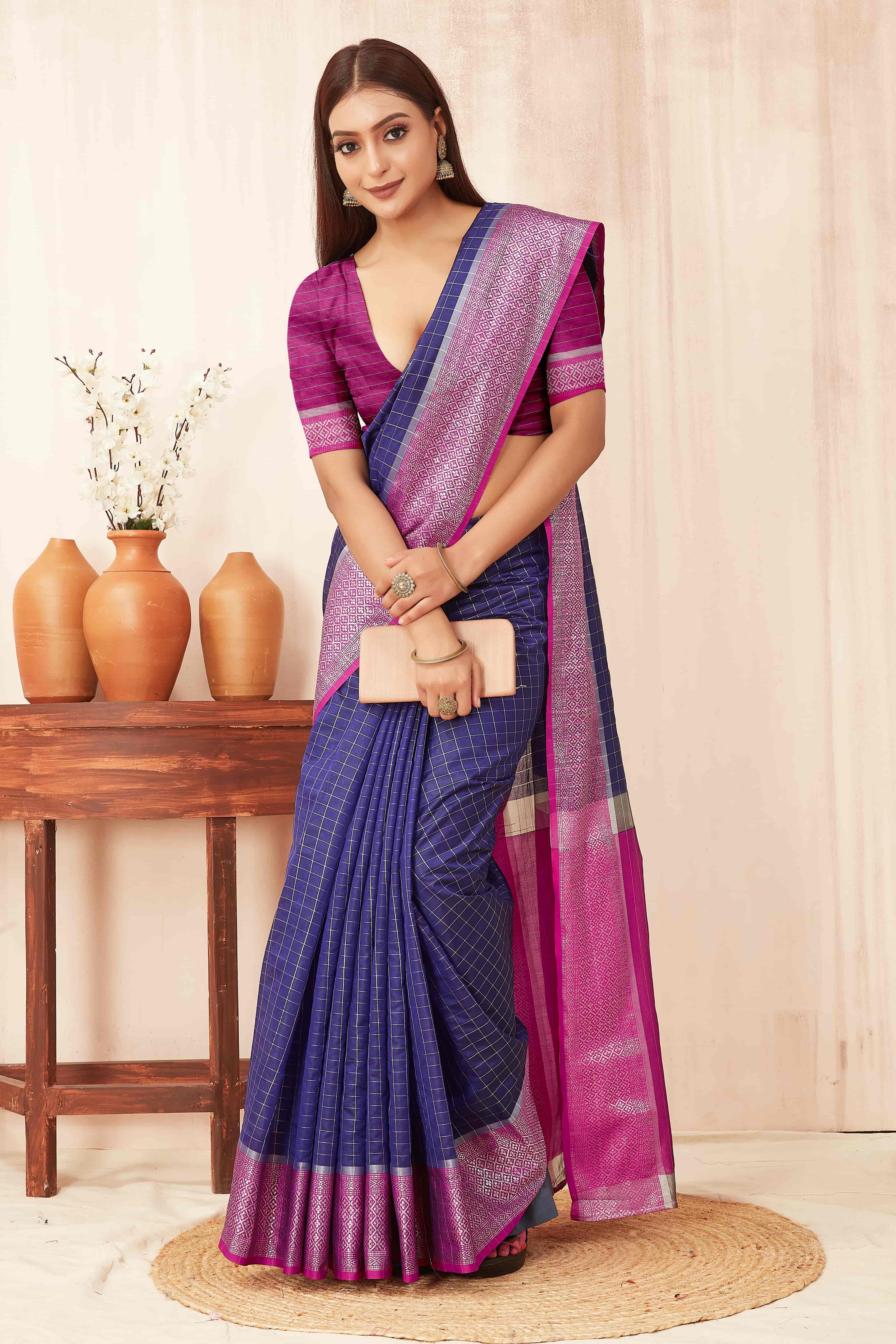 Hiral Fashion Blue Banarasi Soft Silk Checks Zari Woven Saree