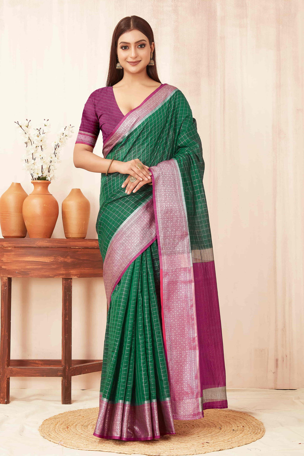 Hiral Fashion Green Banarasi Soft Silk Checks Zari Woven Saree