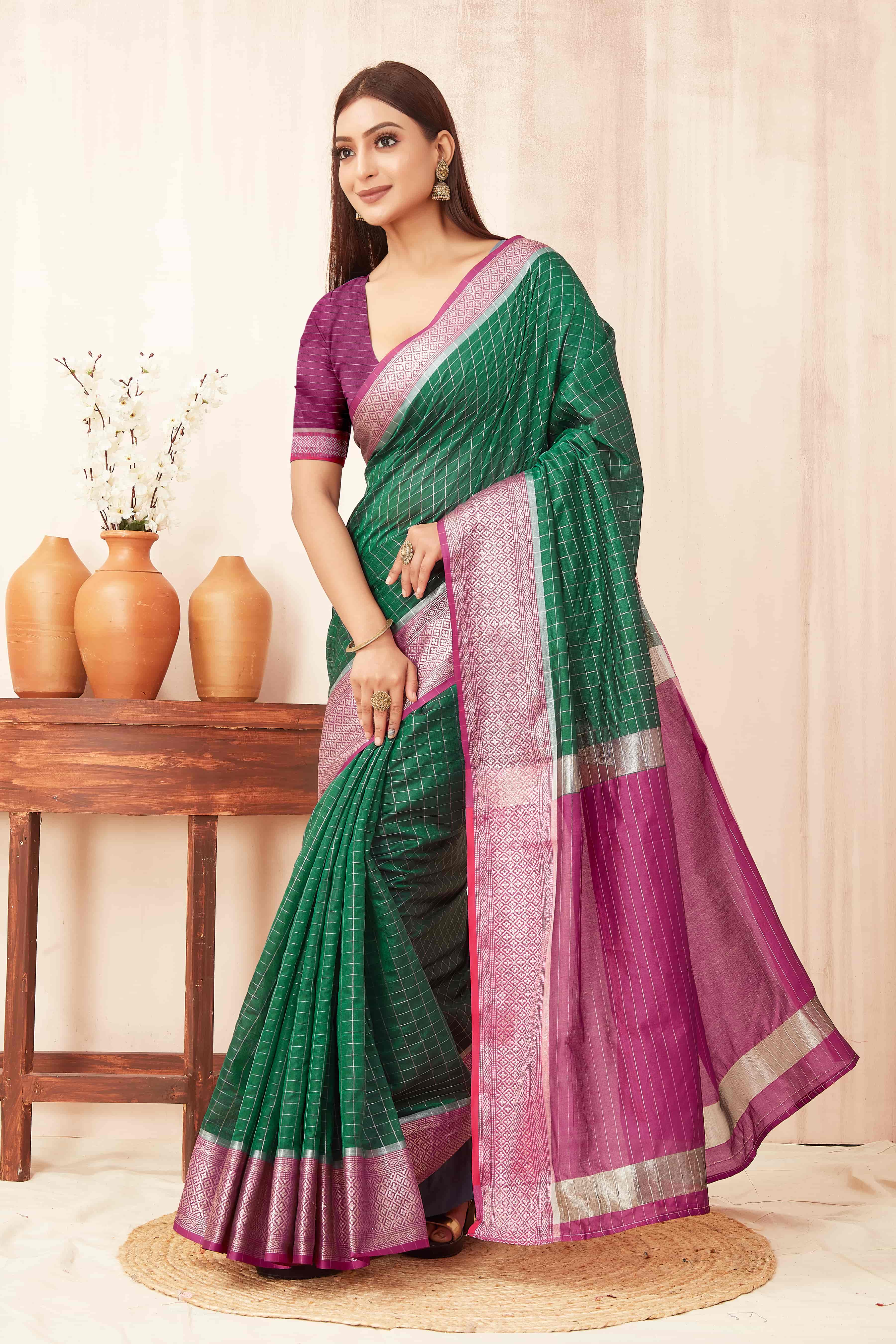 Hiral Fashion Green Banarasi Soft Silk Checks Zari Woven Saree
