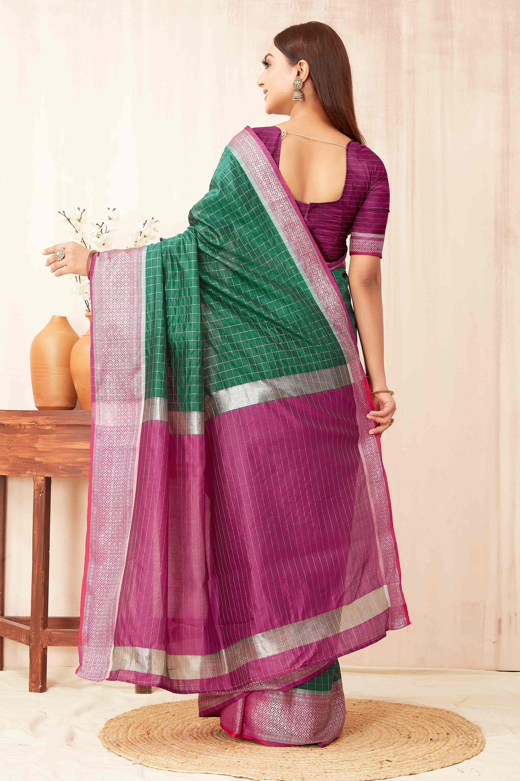 Hiral Fashion Green Banarasi Soft Silk Checks Zari Woven Saree