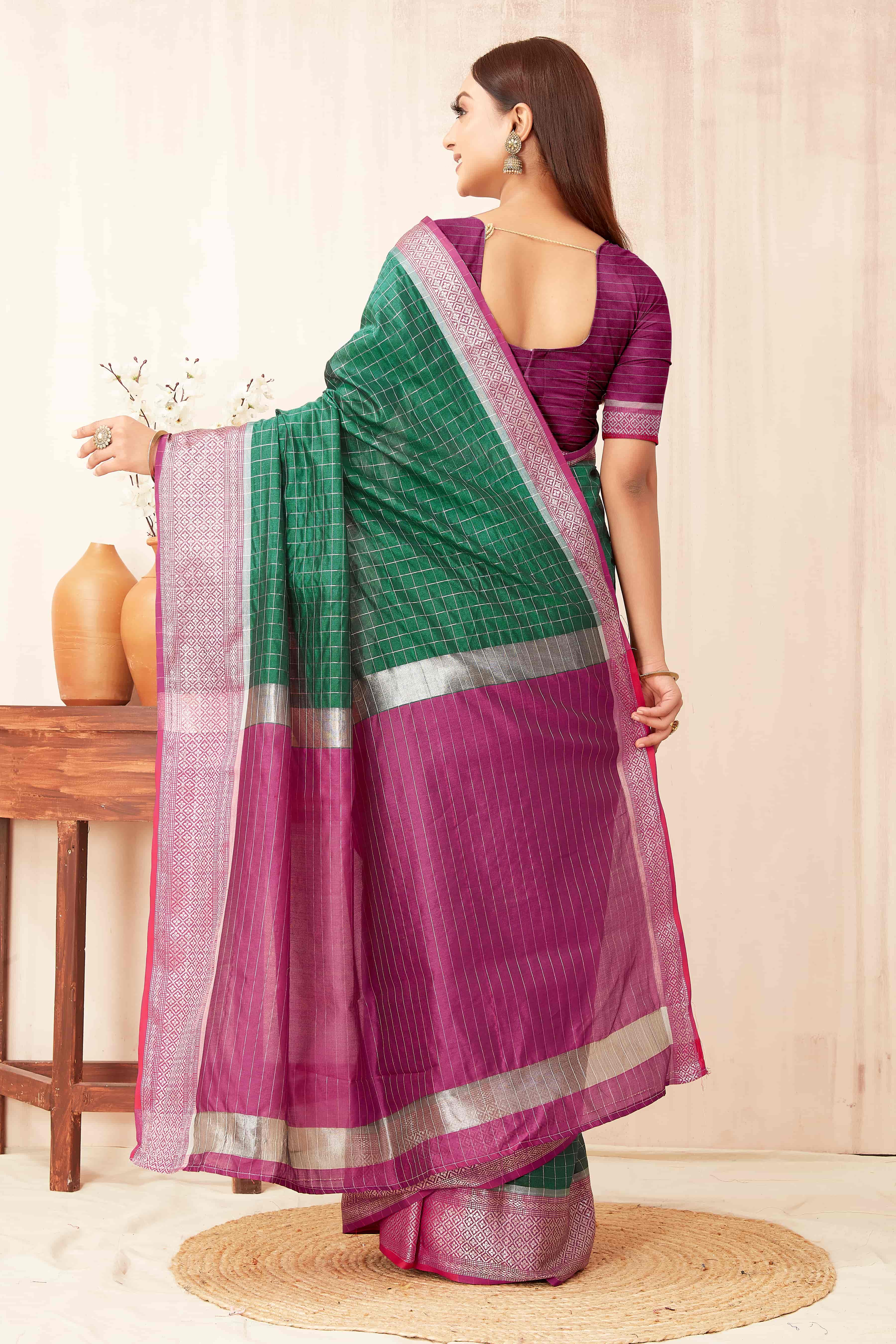 Hiral Fashion Green Banarasi Soft Silk Checks Zari Woven Saree