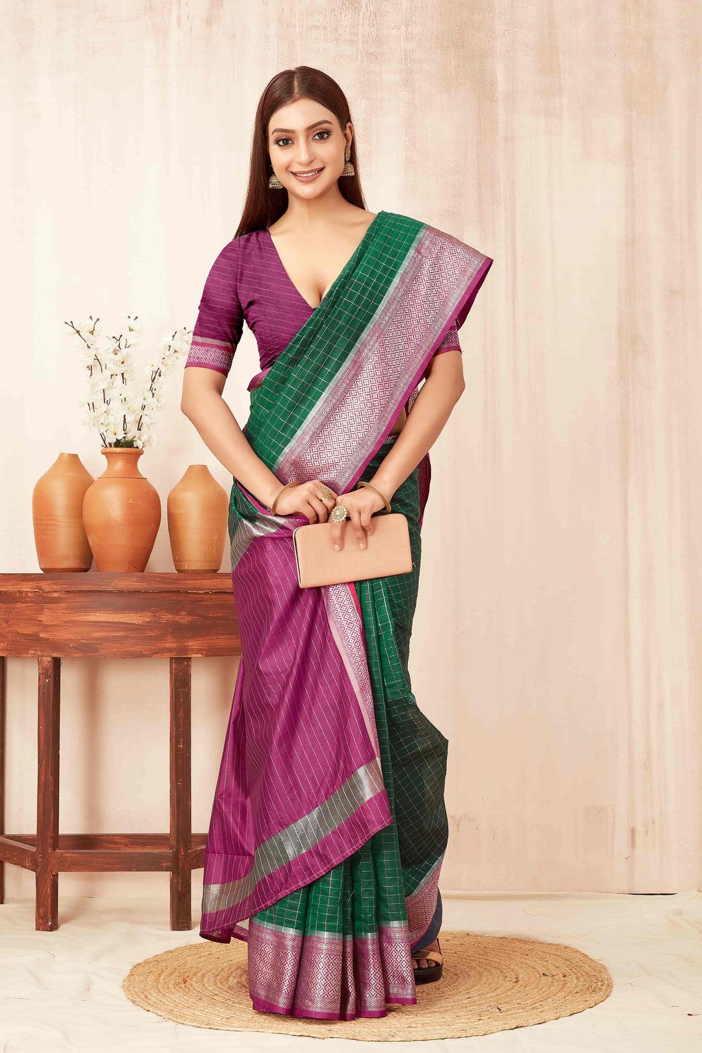 Hiral Fashion Green Banarasi Soft Silk Checks Zari Woven Saree
