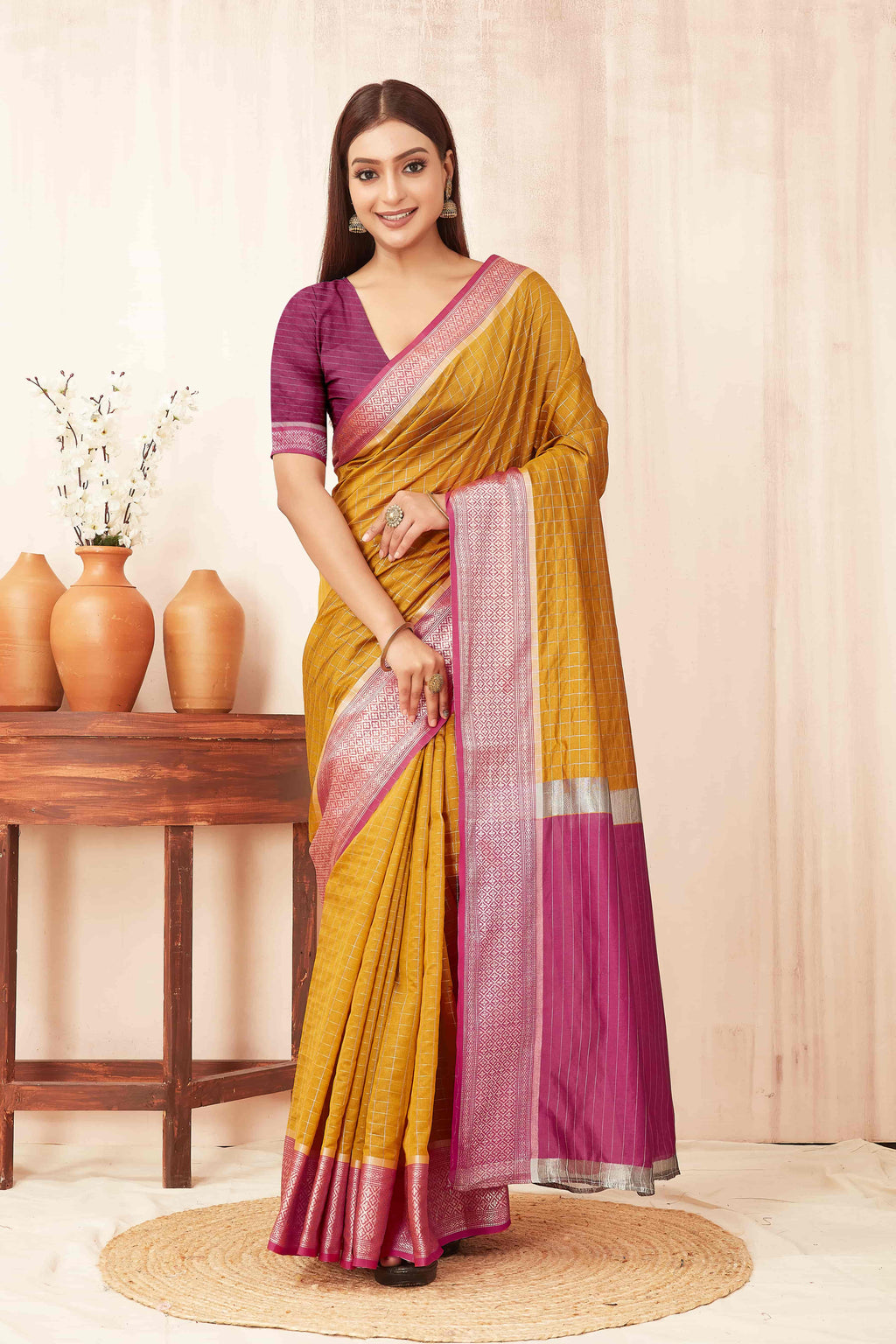 Hiral Fashion Mustard Banarasi Soft Silk Checks Zari Woven Saree