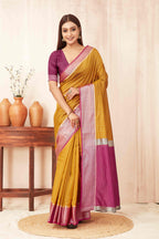 Hiral Fashion Mustard Banarasi Soft Silk Checks Zari Woven Saree