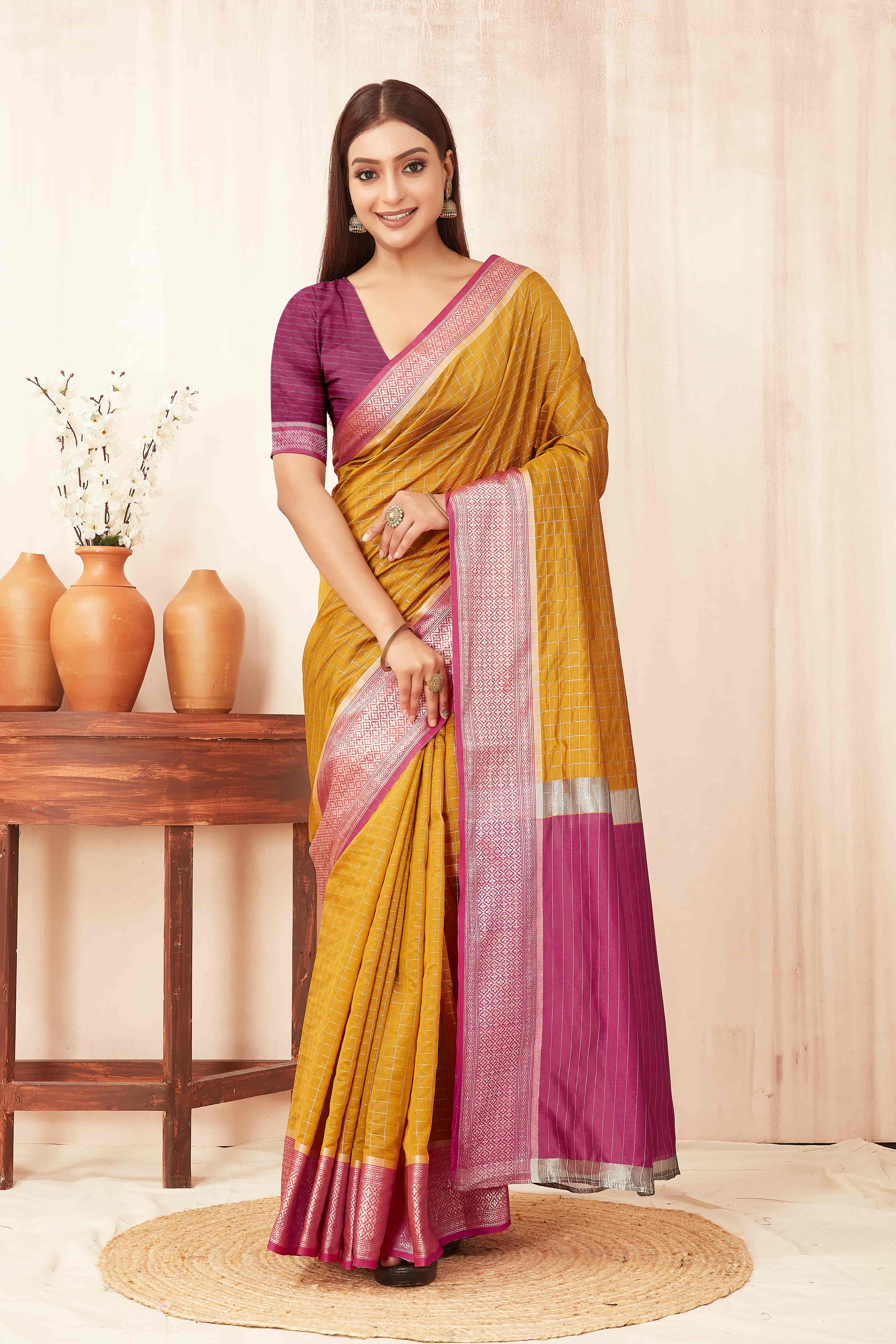 Hiral Fashion Mustard Banarasi Soft Silk Checks Zari Woven Saree