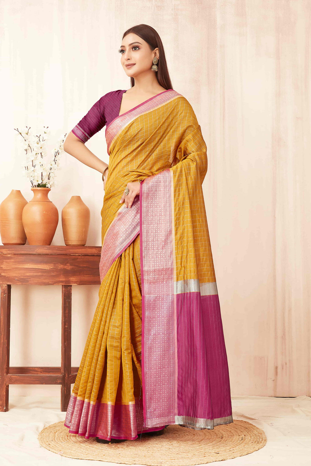 Hiral Fashion Mustard Banarasi Soft Silk Checks Zari Woven Saree