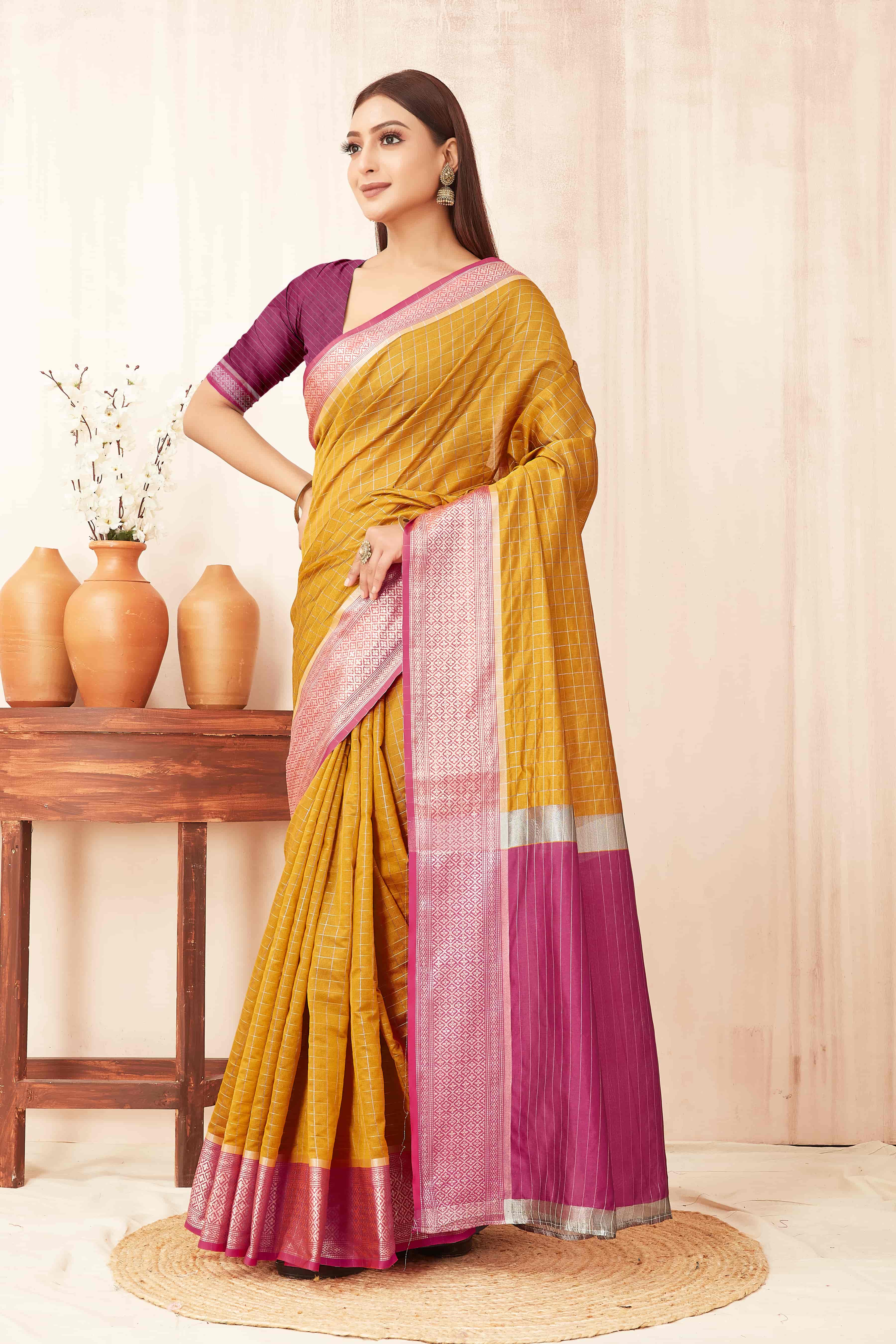 Hiral Fashion Mustard Banarasi Soft Silk Checks Zari Woven Saree