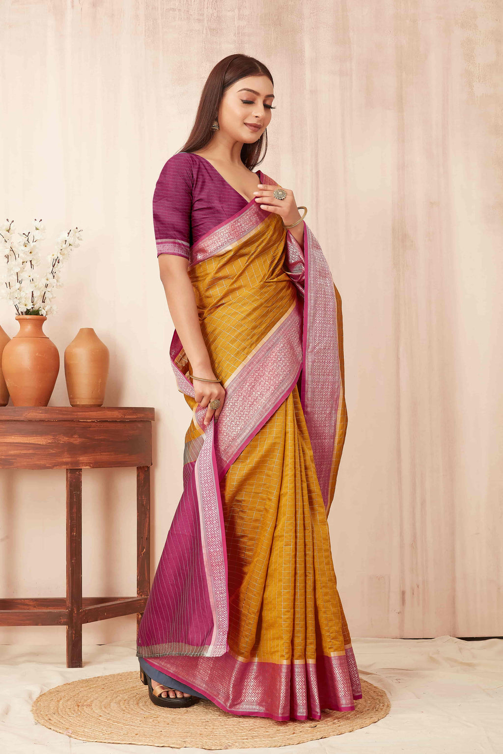 Hiral Fashion Mustard Banarasi Soft Silk Checks Zari Woven Saree