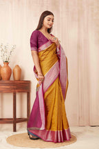 Hiral Fashion Mustard Banarasi Soft Silk Checks Zari Woven Saree