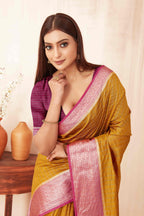 Hiral Fashion Mustard Banarasi Soft Silk Checks Zari Woven Saree