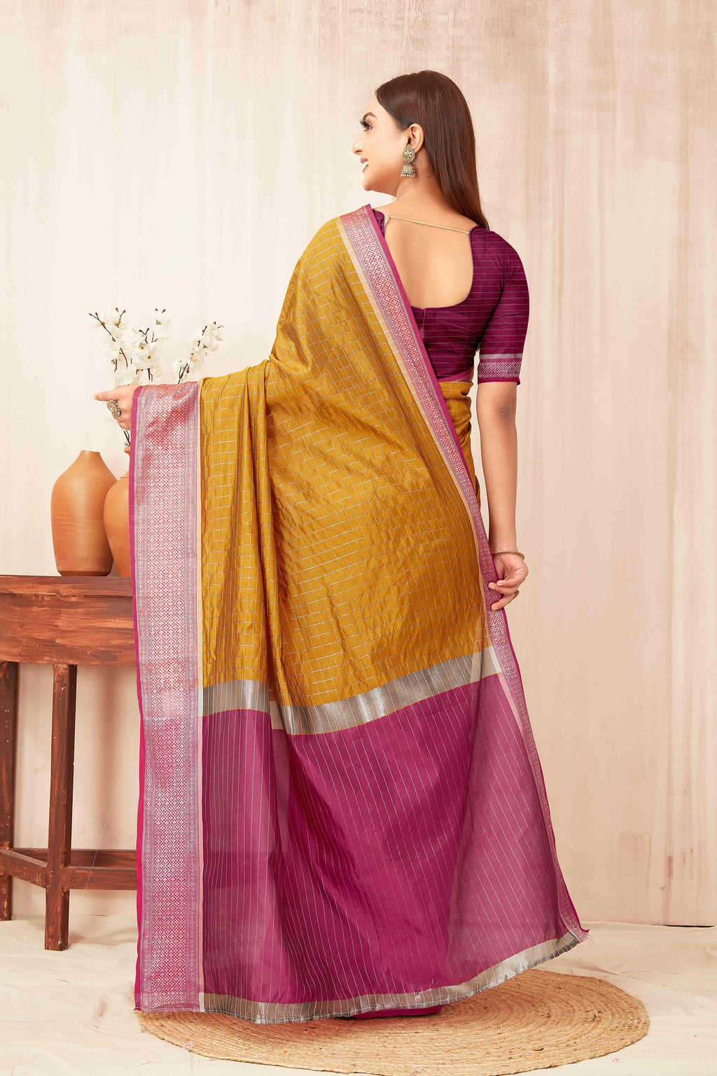 Hiral Fashion Mustard Banarasi Soft Silk Checks Zari Woven Saree