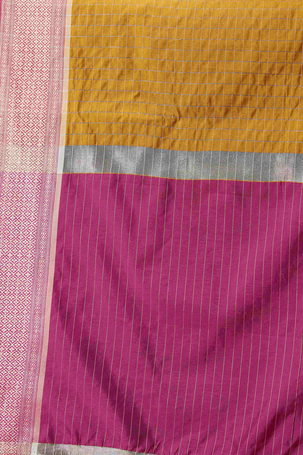 Hiral Fashion Mustard Banarasi Soft Silk Checks Zari Woven Saree