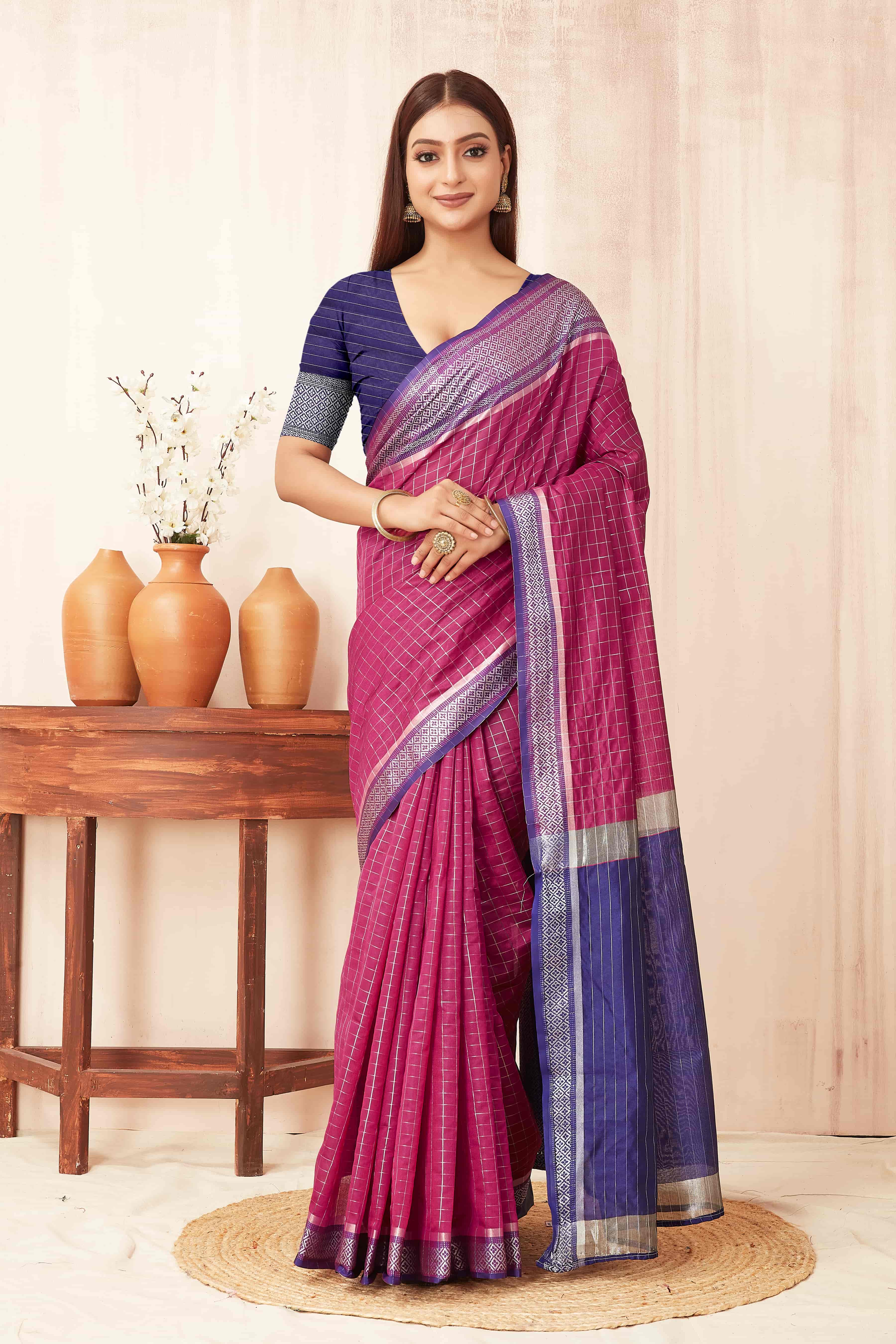Hiral Fashion Pink Banarasi Soft Silk Checks Zari Woven Saree