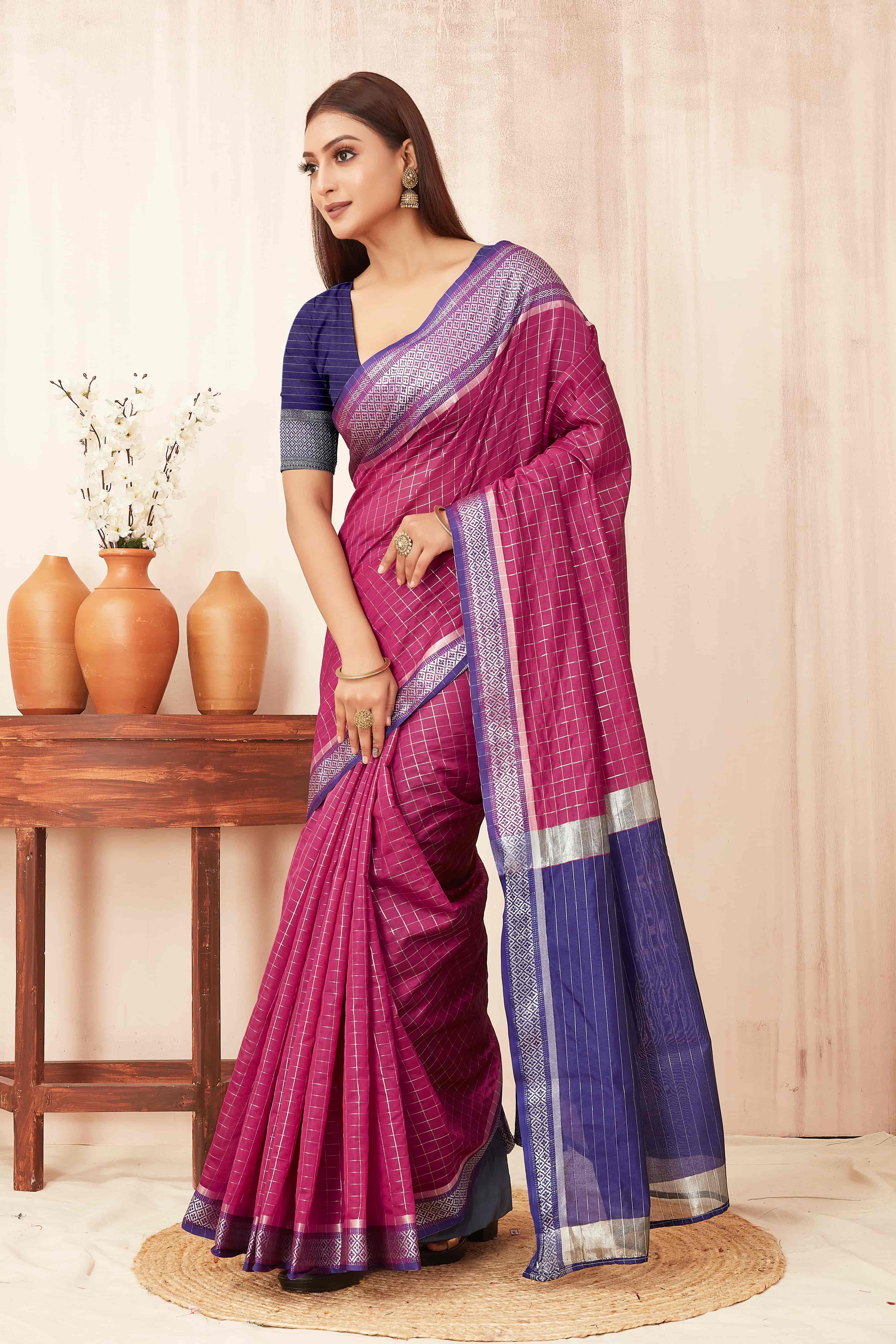 Hiral Fashion Pink Banarasi Soft Silk Checks Zari Woven Saree