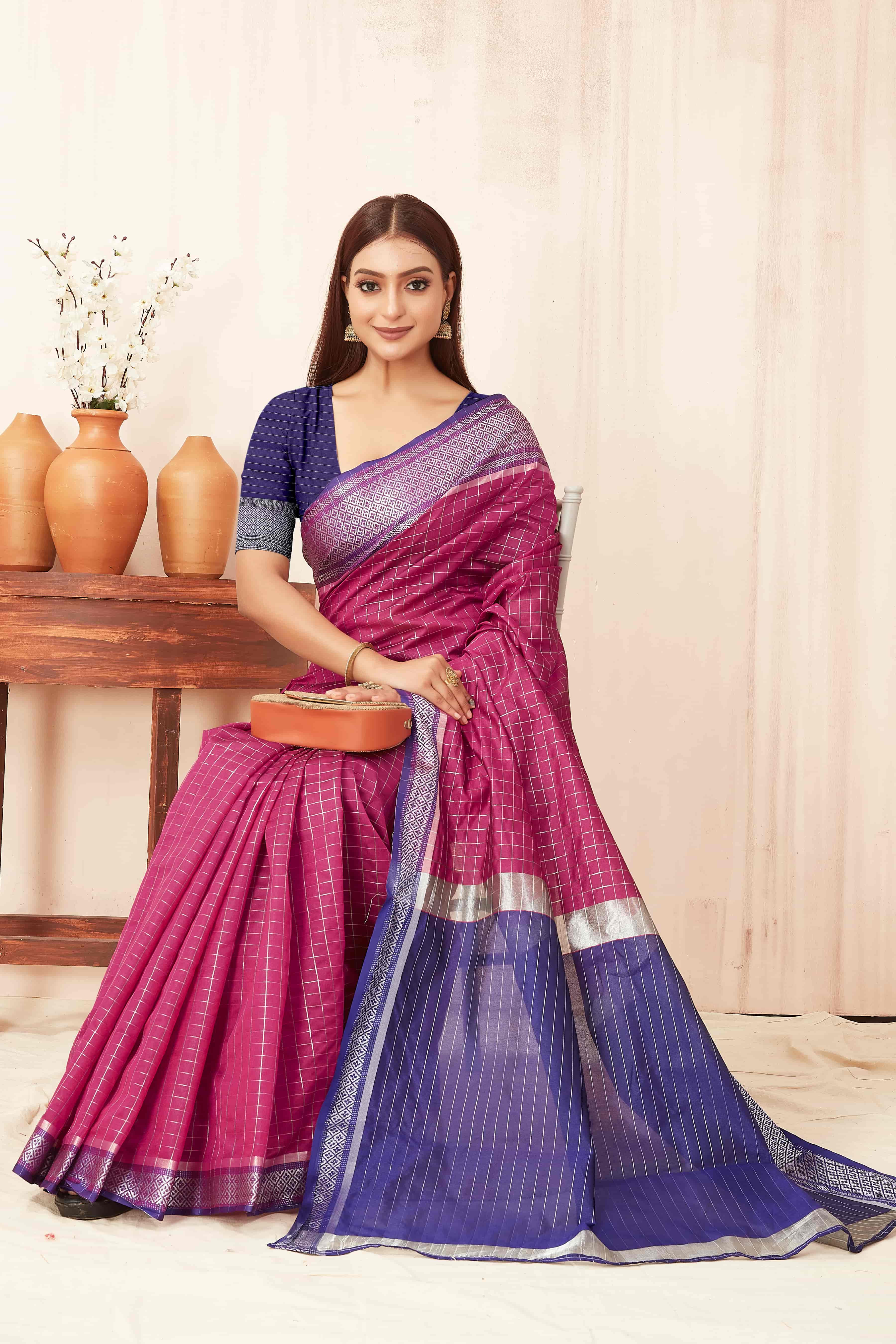 Hiral Fashion Pink Banarasi Soft Silk Checks Zari Woven Saree
