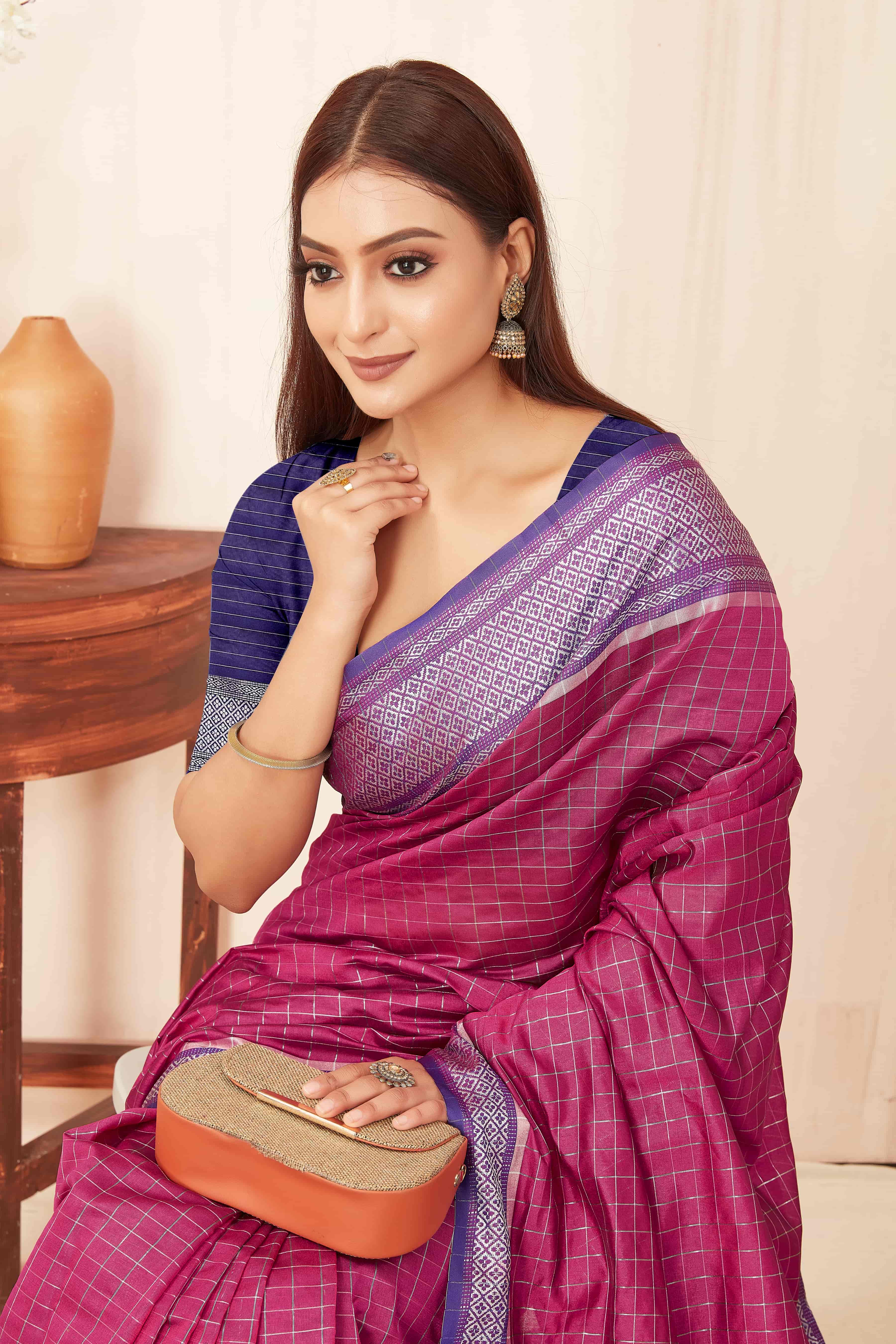 Hiral Fashion Pink Banarasi Soft Silk Checks Zari Woven Saree