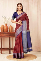 Hiral Fashion Red Banarasi Soft Silk Checks Zari Woven Saree