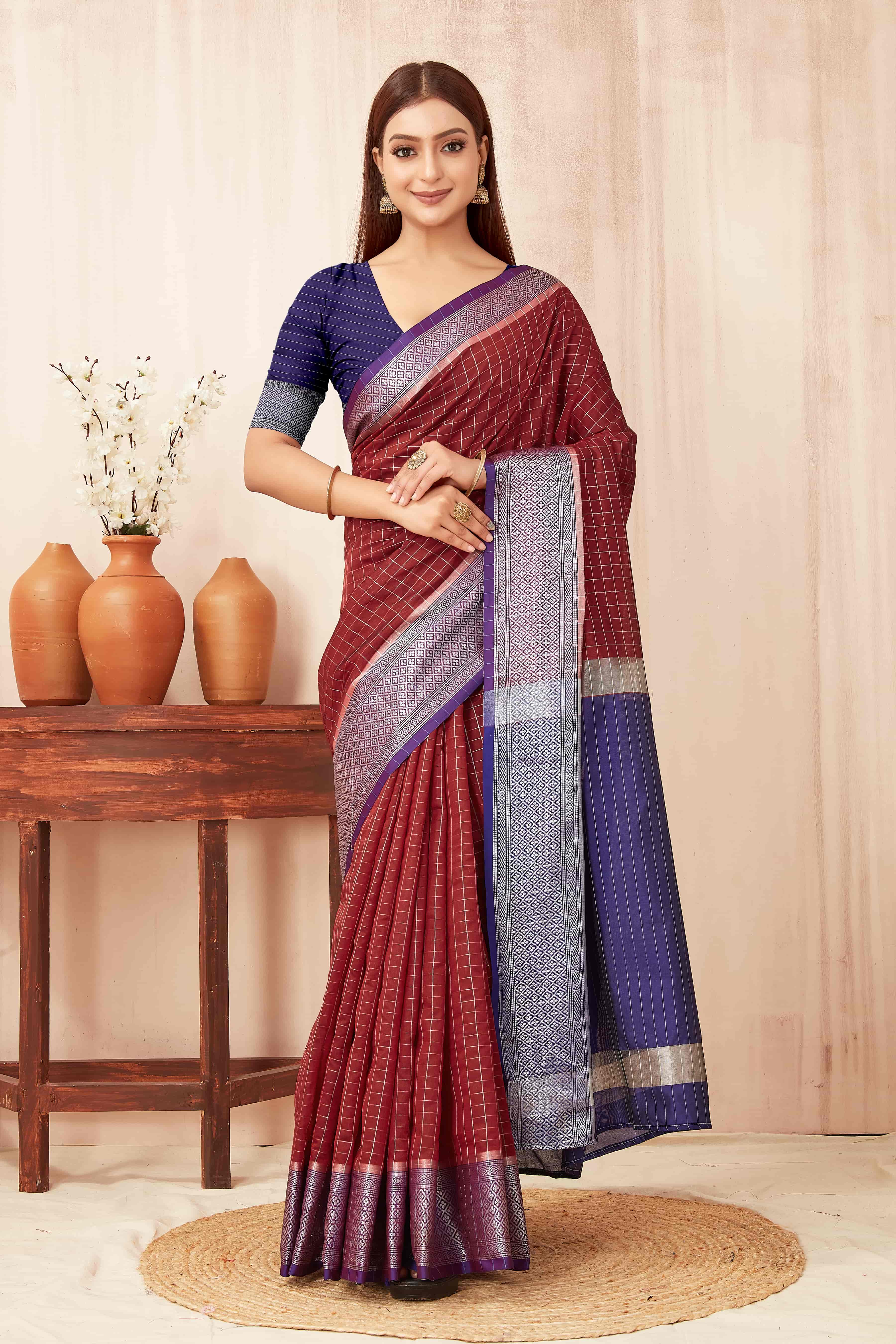 Hiral Fashion Red Banarasi Soft Silk Checks Zari Woven Saree
