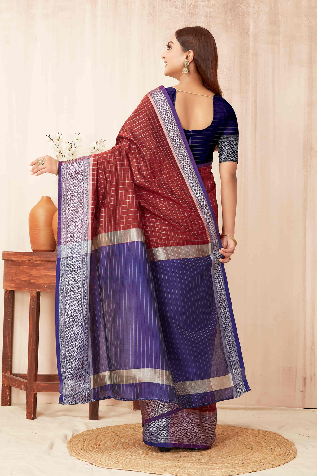 Hiral Fashion Red Banarasi Soft Silk Checks Zari Woven Saree