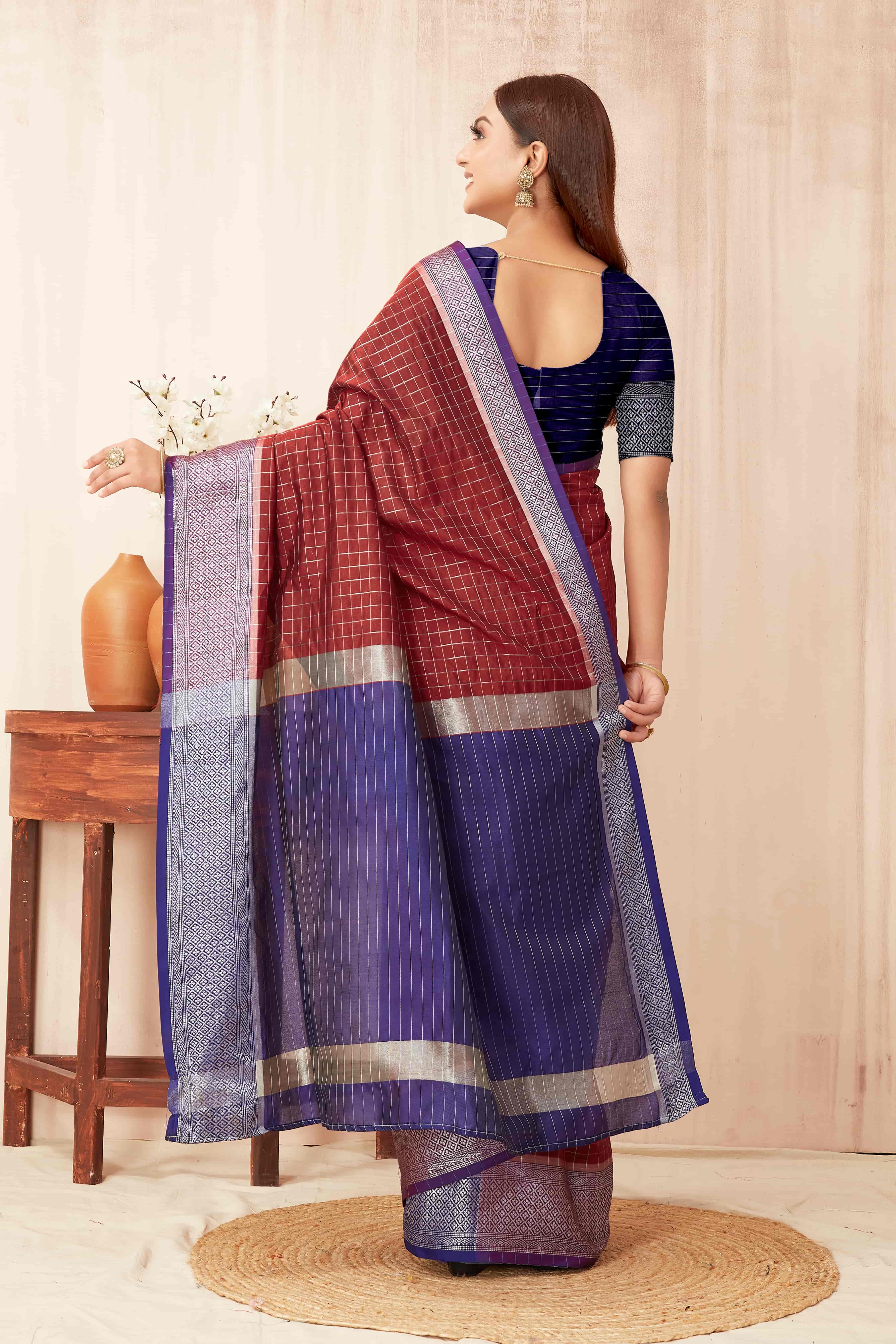 Hiral Fashion Red Banarasi Soft Silk Checks Zari Woven Saree