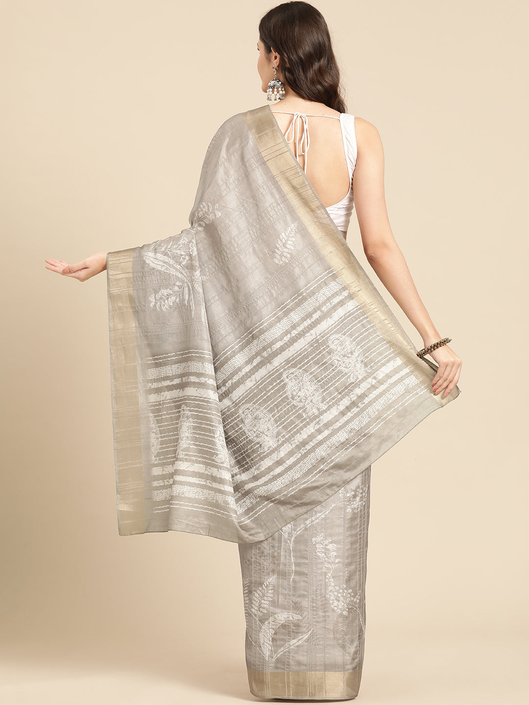 Beige Silk Blend Digital Print Floral Saree with Unstitched Blouse - Hiral Fashion