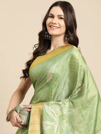 Green Silk Blend Digital Print Floral Saree with Unstitched Blouse - Hiral Fashion