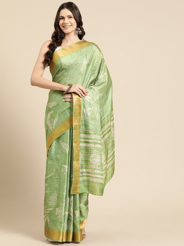Green Silk Blend Digital Print Floral Saree with Unstitched Blouse - Hiral Fashion