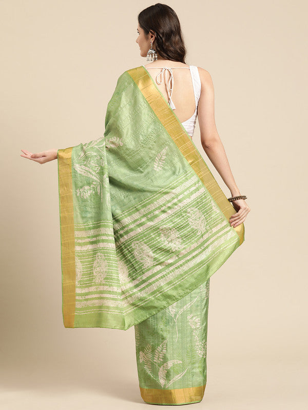 Green Silk Blend Digital Print Floral Saree with Unstitched Blouse - Hiral Fashion