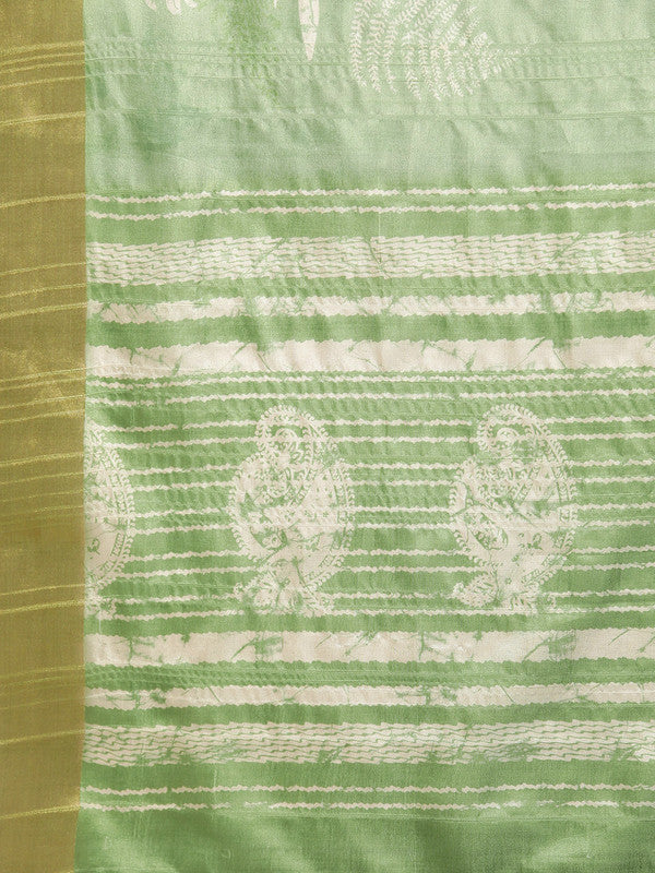 Green Silk Blend Digital Print Floral Saree with Unstitched Blouse - Hiral Fashion