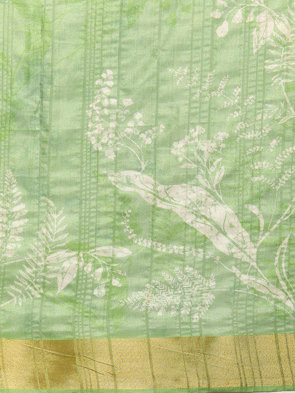 Green Silk Blend Digital Print Floral Saree with Unstitched Blouse - Hiral Fashion
