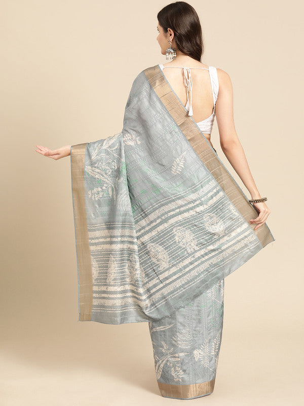 Gray Silk Blend Digital Print Floral Saree with Unstitched Blouse - Hiral Fashion