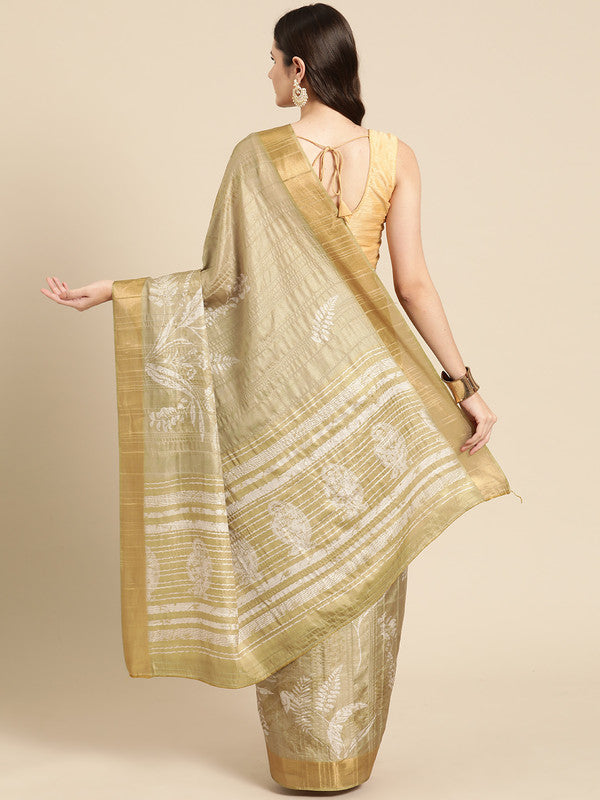 Olive Silk Blend Digital Print Floral Saree with Unstitched Blouse - Hiral Fashion