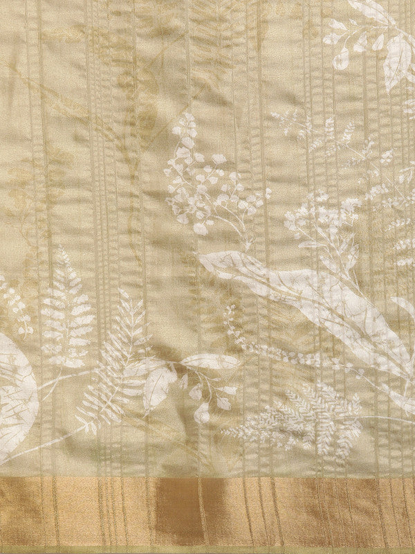 Olive Silk Blend Digital Print Floral Saree with Unstitched Blouse - Hiral Fashion