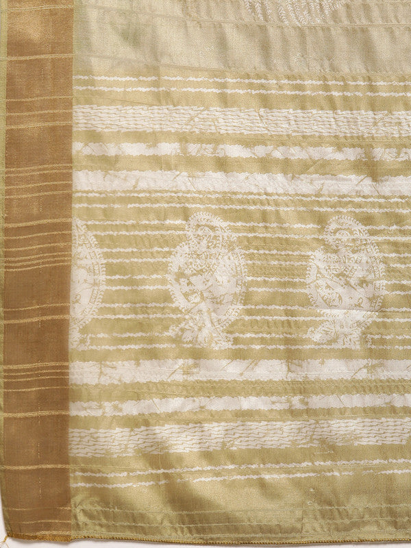 Olive Silk Blend Digital Print Floral Saree with Unstitched Blouse - Hiral Fashion