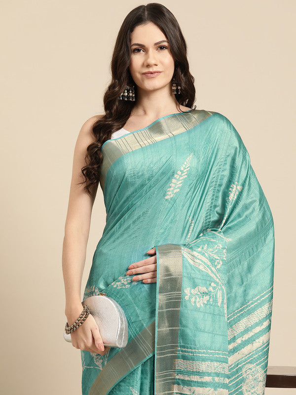 Turquoise Silk Blend Digital Print Floral Saree with Unstitched Blouse - Hiral Fashion