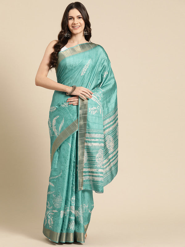 Turquoise Silk Blend Digital Print Floral Saree with Unstitched Blouse - Hiral Fashion