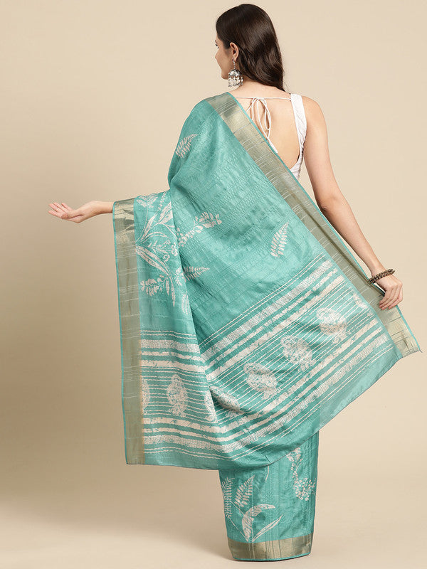 Turquoise Silk Blend Digital Print Floral Saree with Unstitched Blouse - Hiral Fashion