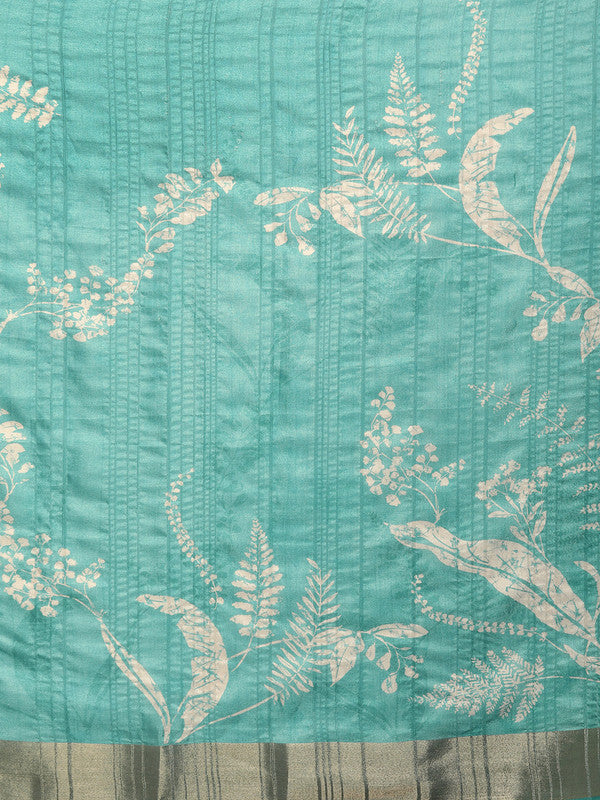 Turquoise Silk Blend Digital Print Floral Saree with Unstitched Blouse - Hiral Fashion