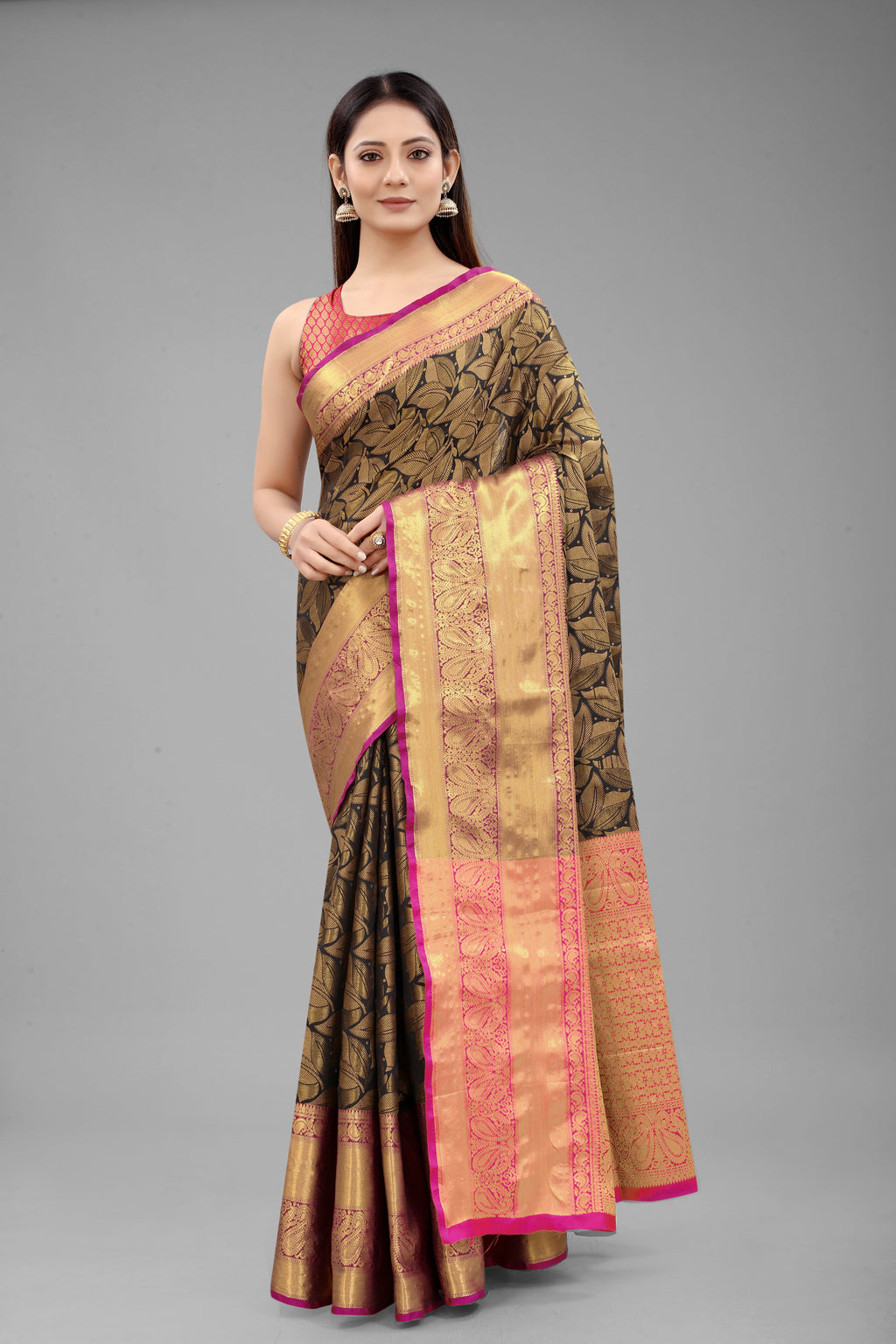 Hiral Fashion Black Banarasi Art Silk Floral Woven Design Saree