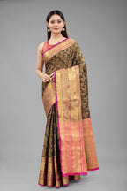 Hiral Fashion Black Banarasi Art Silk Floral Woven Design Saree