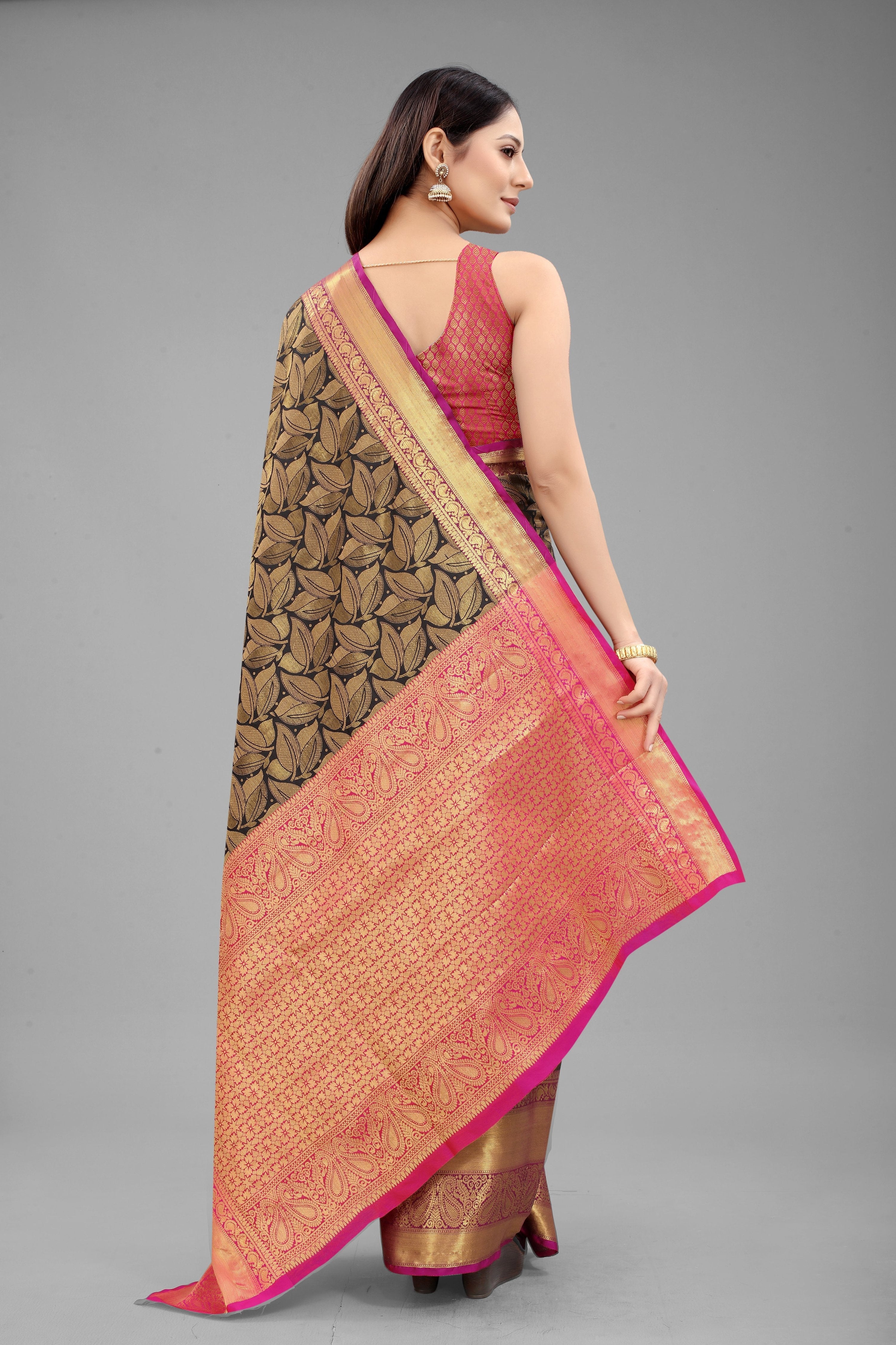 Hiral Fashion Black Banarasi Art Silk Floral Woven Design Saree