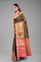 Hiral Fashion Black Banarasi Art Silk Floral Woven Design Saree