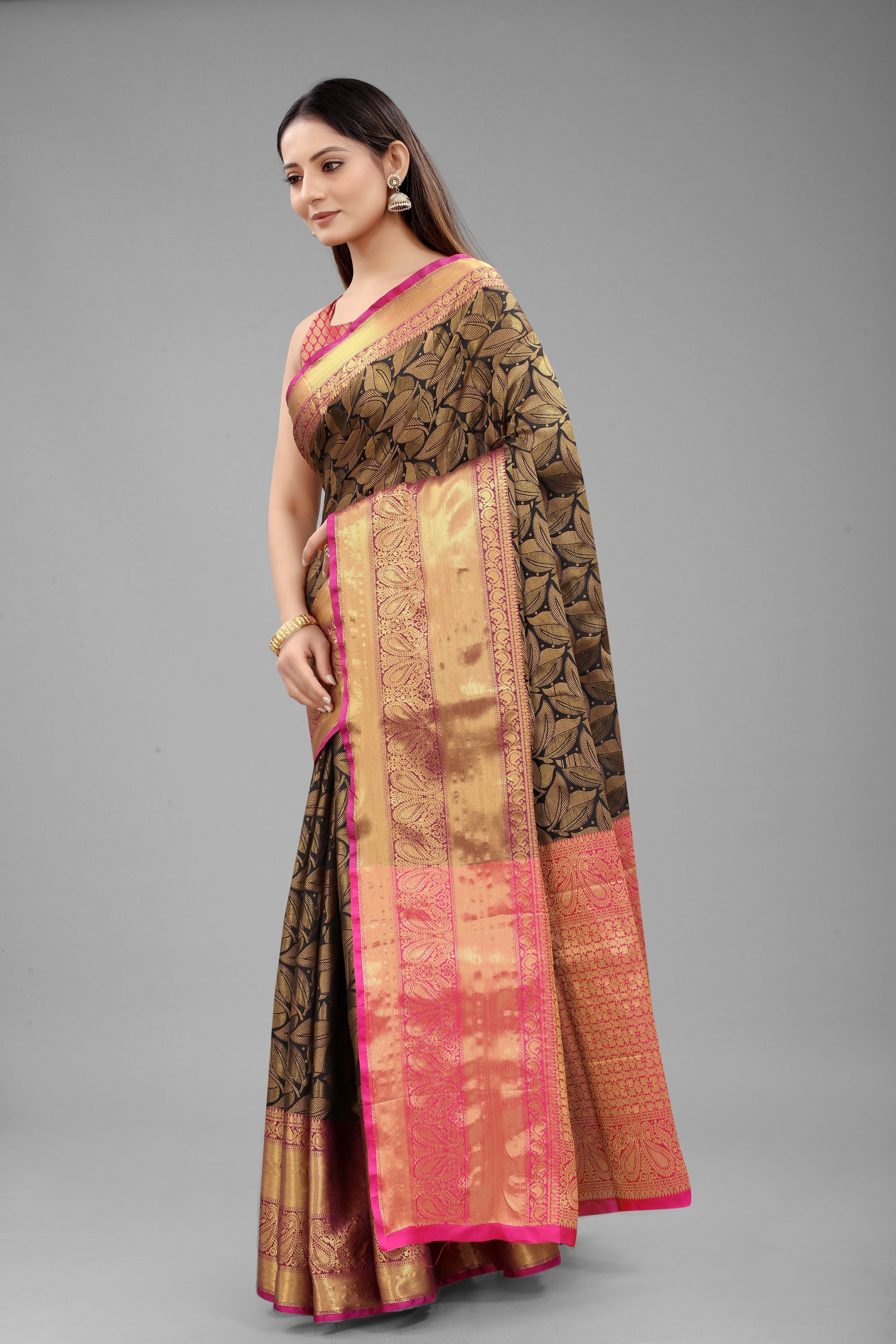 Hiral Fashion Black Banarasi Art Silk Floral Woven Design Saree