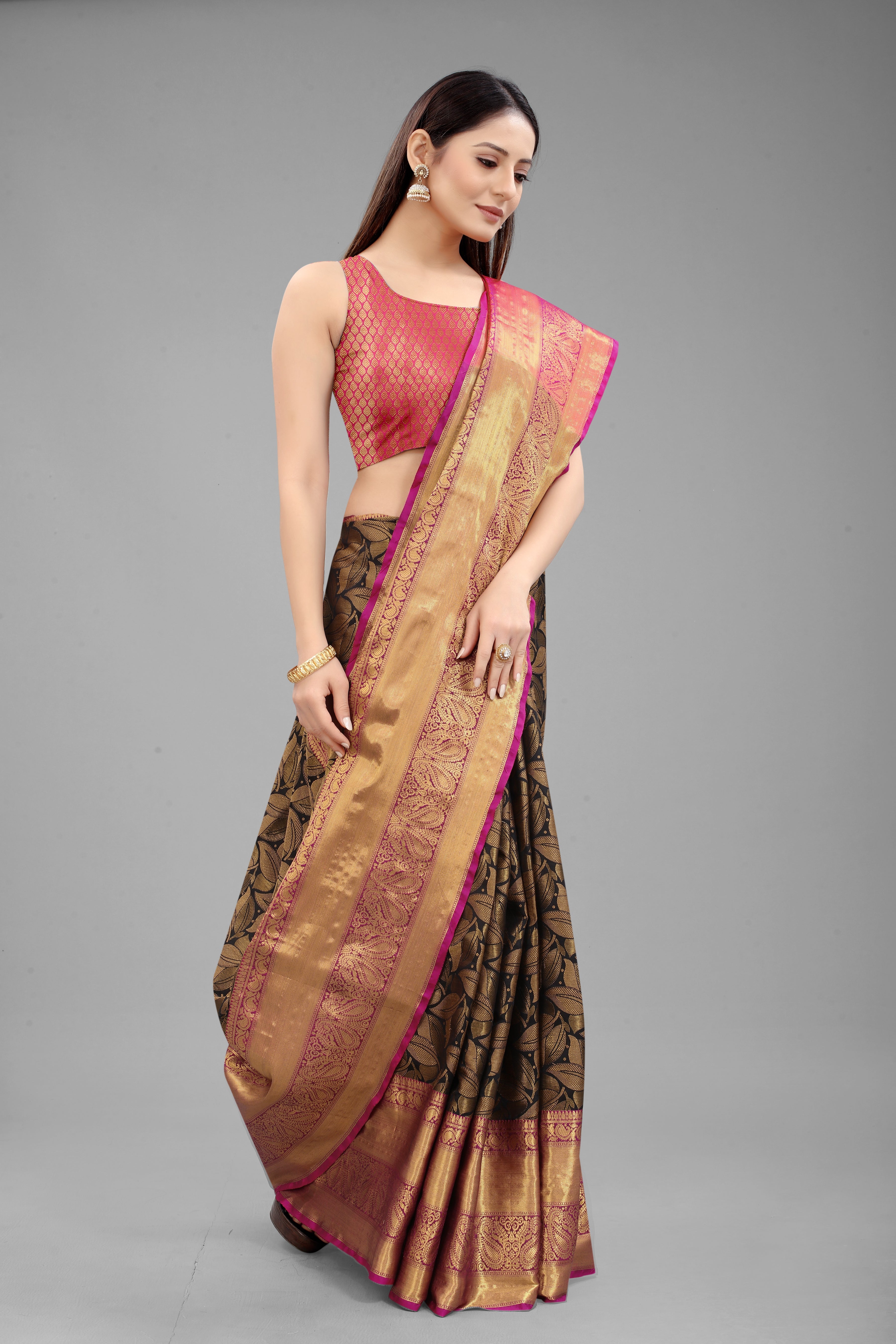 Hiral Fashion Black Banarasi Art Silk Floral Woven Design Saree