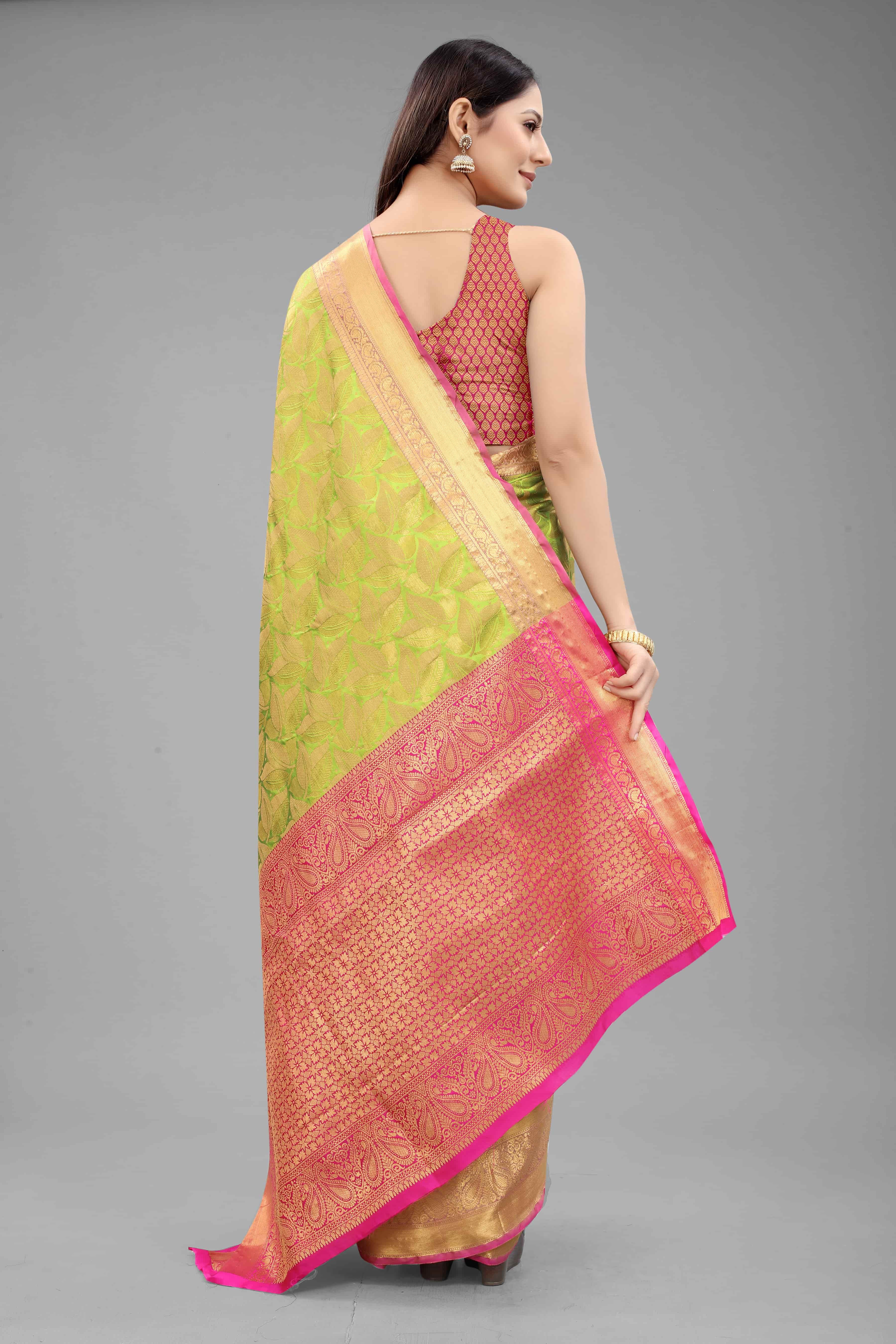 Hiral Fashion Green Banarasi Art Silk Floral Woven Design Saree
