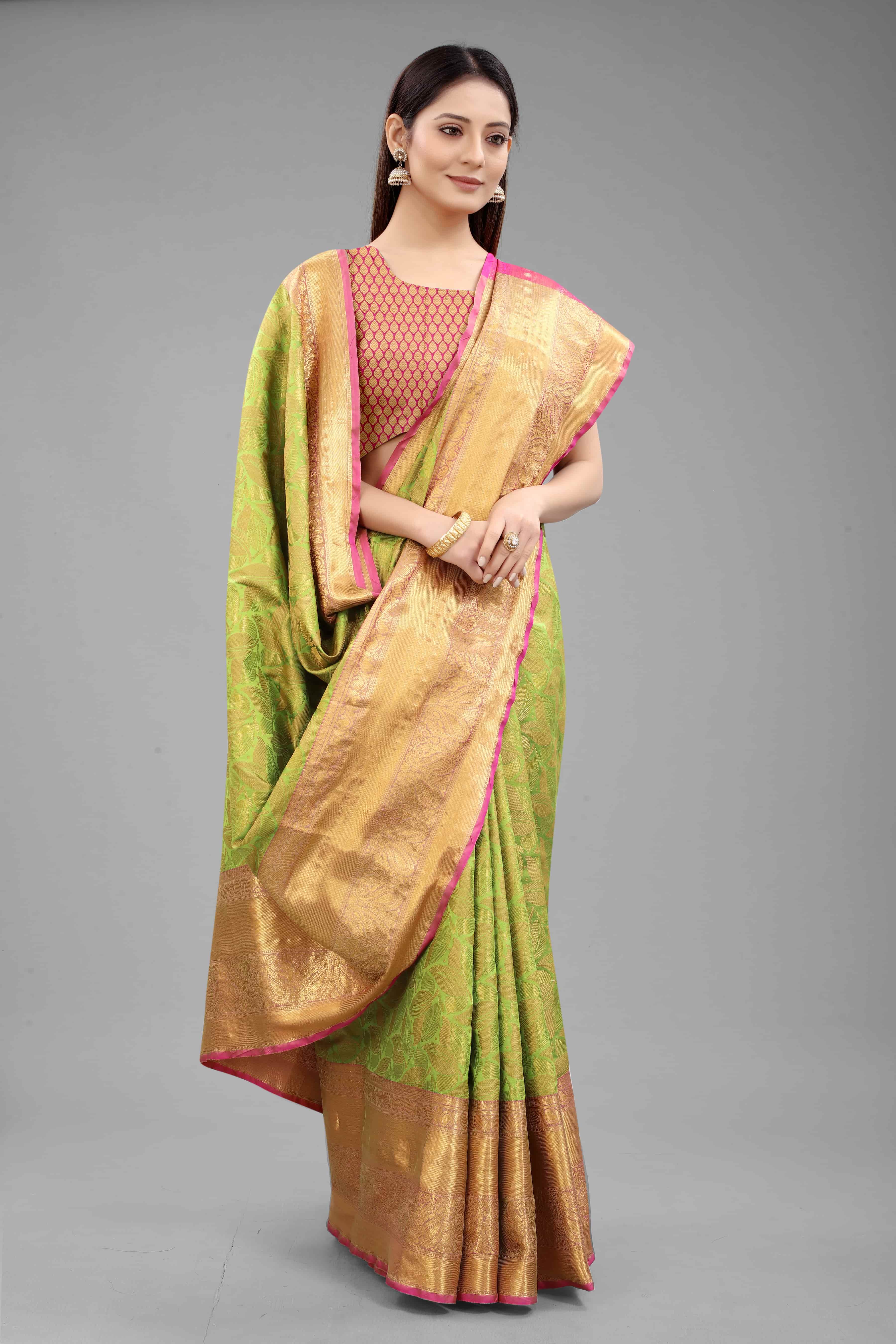 Hiral Fashion Green Banarasi Art Silk Floral Woven Design Saree