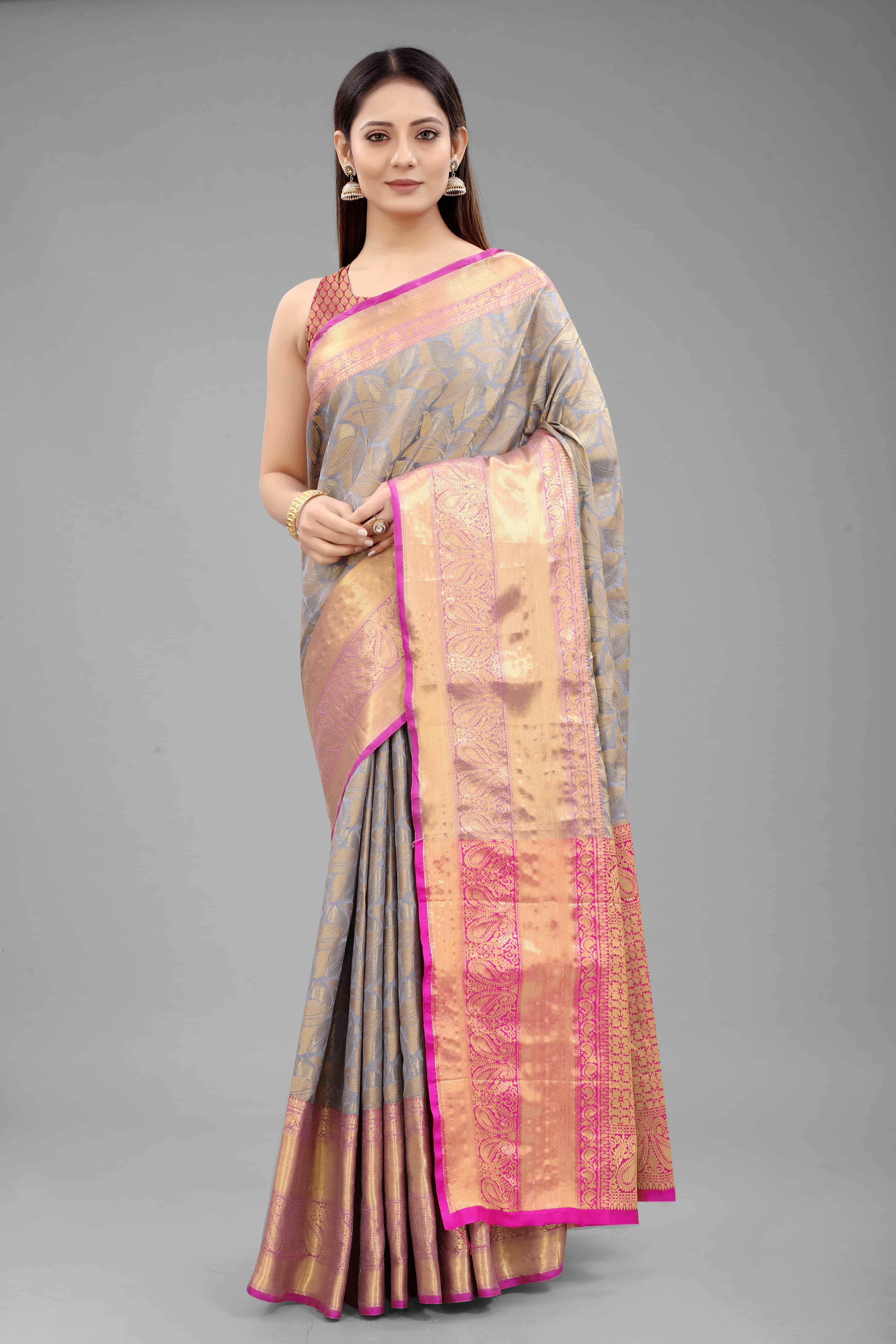 Hiral Fashion Grey Banarasi Art Silk Floral Woven Design Saree