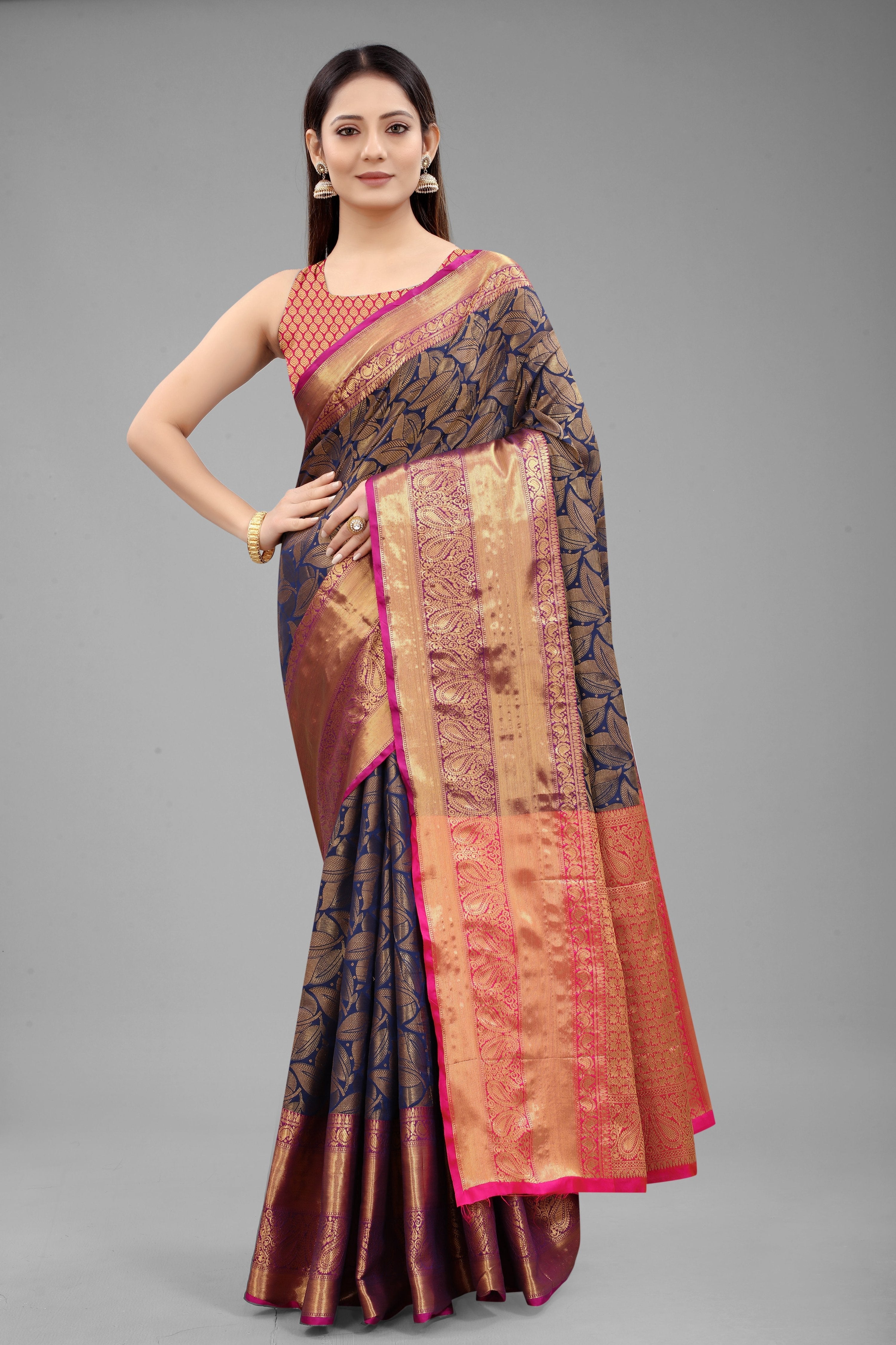 Hiral Fashion Navy Blue Banarasi Art Silk Floral Woven Design Saree