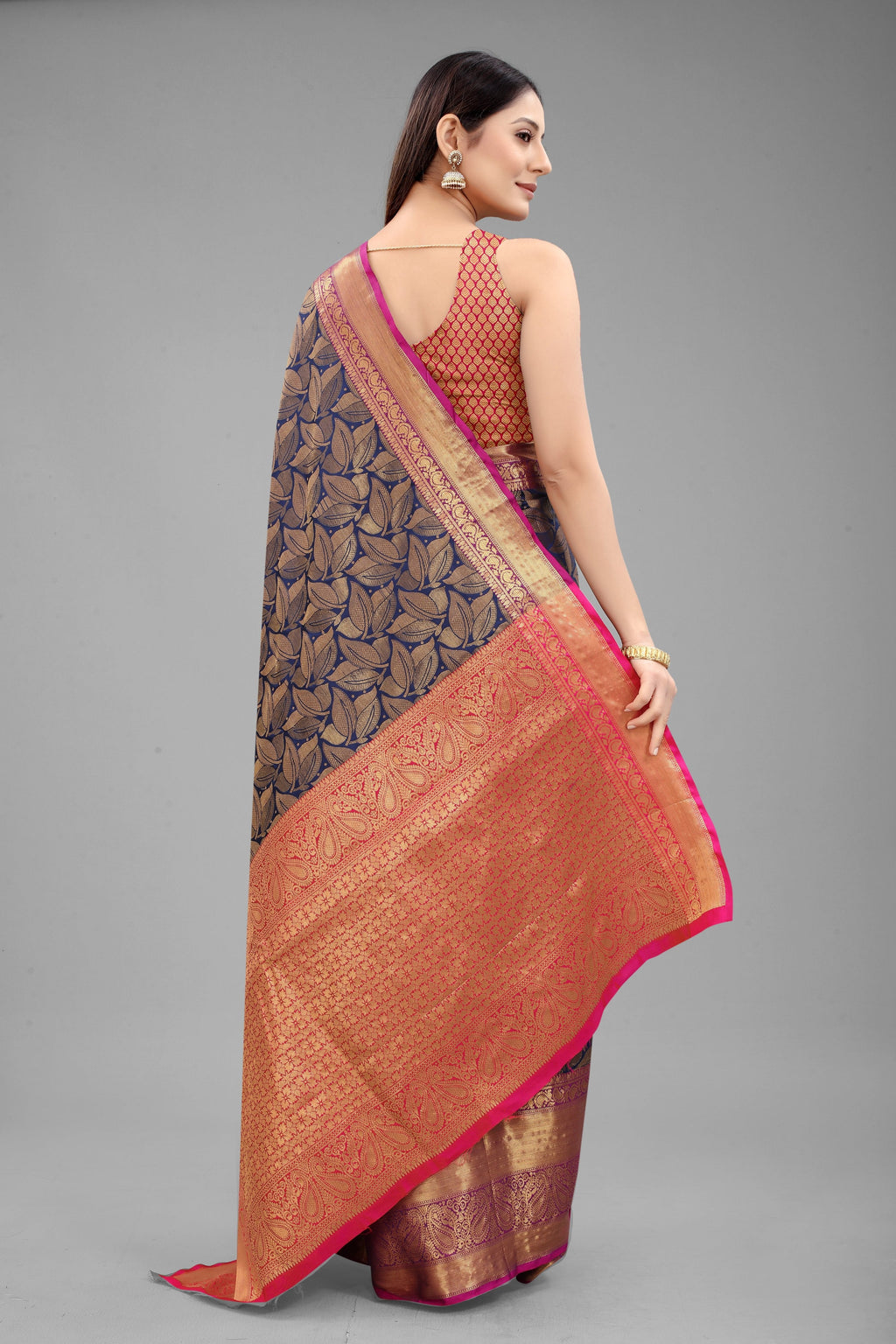 Hiral Fashion Navy Blue Banarasi Art Silk Floral Woven Design Saree
